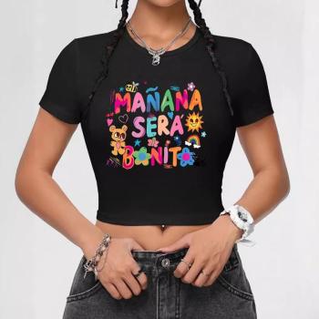 sexy slight stretch colorful letter print short sleeves crop t-shirt