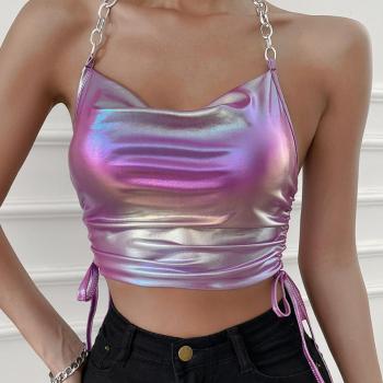 sexy non-stretch holographic halter-neck tank top