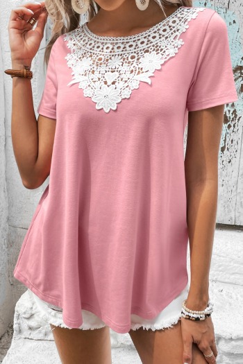 new casual slight stretch 3-color lace stitching crew neck loose top