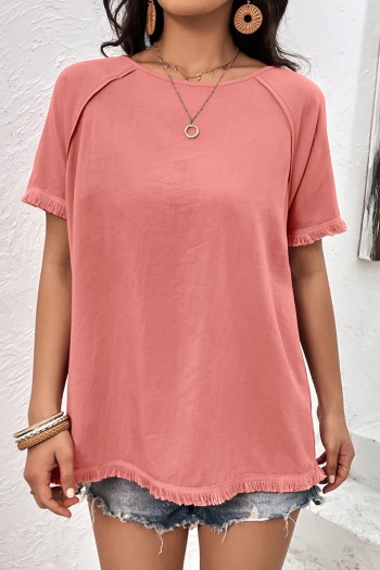 new casual slight stretch contrast color round neck tassel stitching loose top