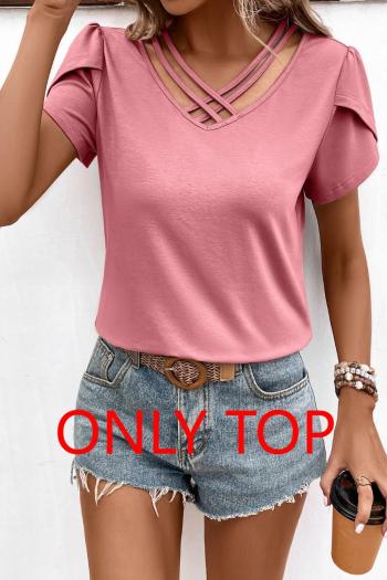new casual slight stretch solid color deep v-neck short sleeve top