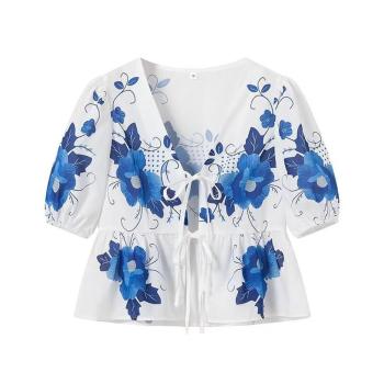 sexy non-stretch flower fixed printing v-neck blouses#1