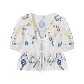 sexy non-stretch flower fixed printing v-neck blouses#3