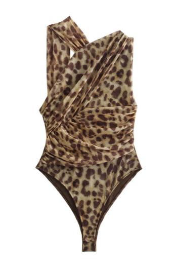 sexy non-stretch leopard pattern one shoulder shirring bodysuit