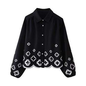 casual non-stretch cross embroidery lapel blouses