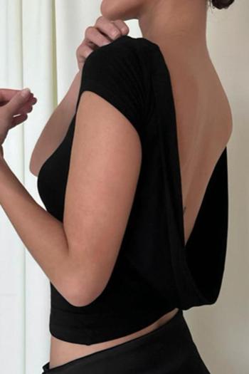 sexy slight stretch solid color backless crew neck top