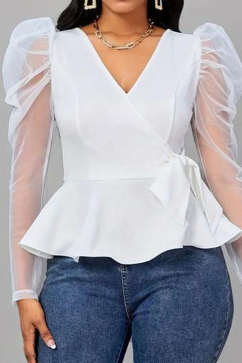 exquisite slight stretch mesh see through stitching v-neck lace-up blouse