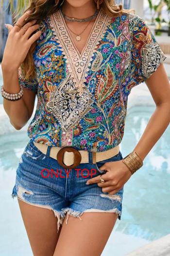 bohemian non-stretch paisley graphic printing v-neck lace blouse(only top)