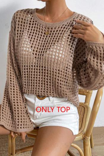 sexy slight stretch solid color ribbed knit cutout crew neck sweaters