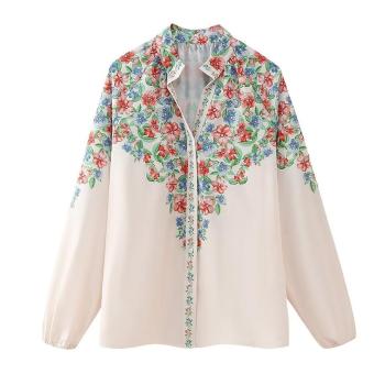 casual non-stretch flower fixed printing v-neck blouse size run small