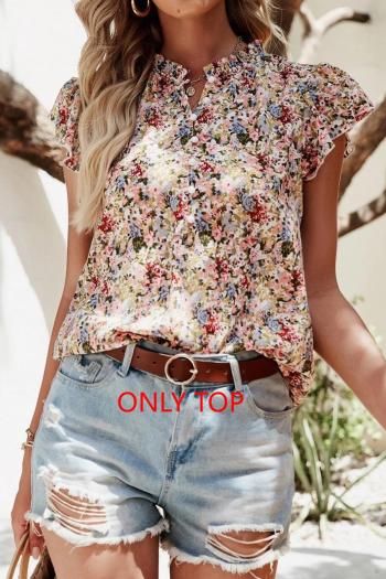 casual non-stretch floral batch printing crew neck ruffle blouses