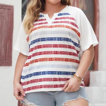 casual plus size slight stretch striped printed loose t-shirt
