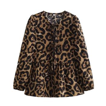 sexy non-stretch leopard batch printing loose lace-up top