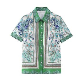 casual non-stretch beach printing lapel button short sleeve blouses