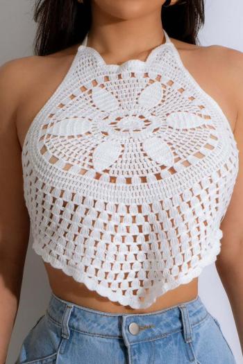 sexy slight stretch cut out knitted halter-neck lace-up crop vest