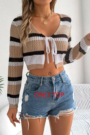 stylish slight stretch knitted stripe printed lace up crop top