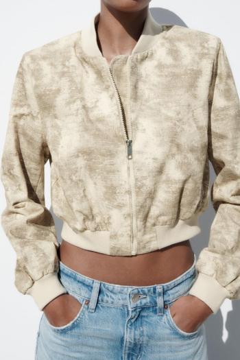 casual non-stretch batch printing v-neck zip-up jacket