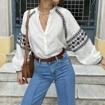 casual non-stretch embroidery loose v-neck lantern sleeve shirt