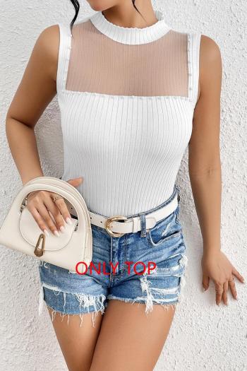 sexy slight stretch stitching see-through mesh crew neck tank top