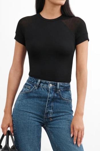 stylish plus size slight stretch mesh stitching short sleeve slim t-shirt