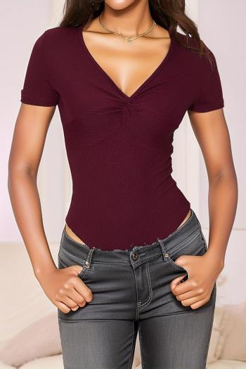 summer pure color high stretch 3 colors ribbed knitted v-neck sexy slim bodysuit