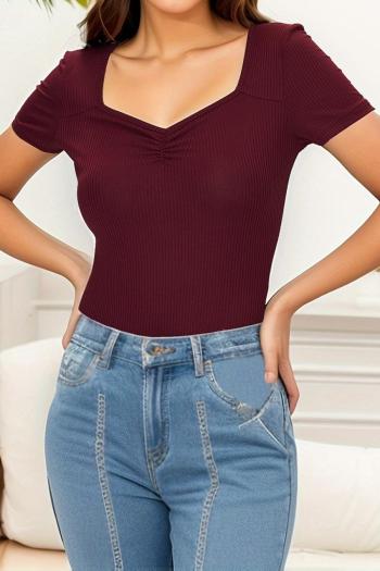 stylish pure color high stretch v-neck ribbed knitted casual slim bodysuit