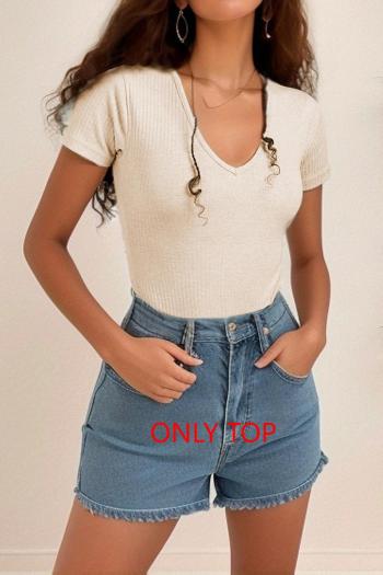 pure color high stretch v-neck stylish ribbed knitted casual slim bodysuit