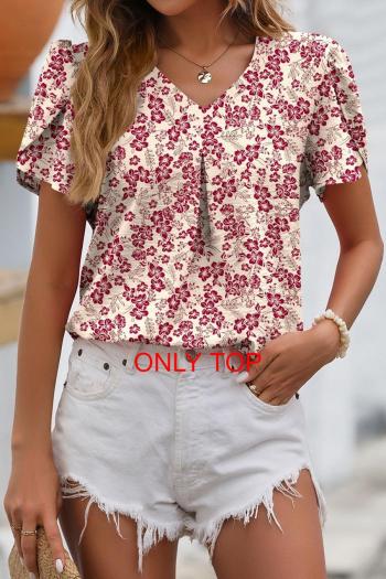 casual plus size non-stretch chiffon flower prints short sleeve top#1