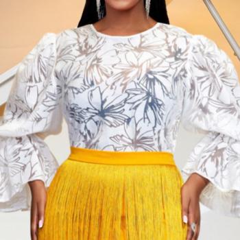 sexy plus size slight stretch flower pattern crew neck see-through top