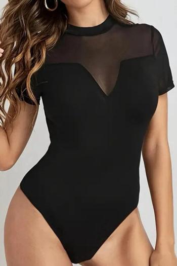 new sexy slight stretch black patchwork mesh short-sleeved bodysuit