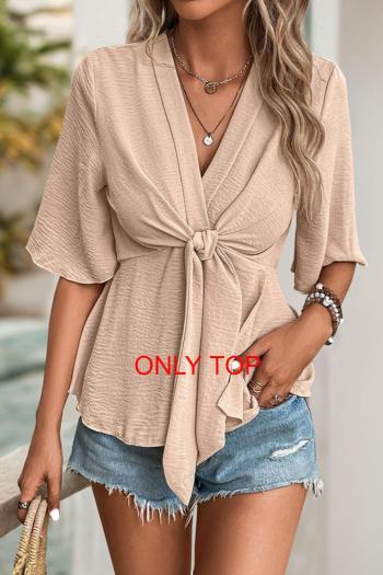 stylish non-stretch solid color v-neck short-sleeved shirt