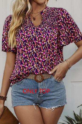 casual slight stretch v-neck short sleeve floral printing loose blouse