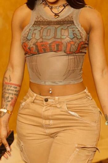sexy slight stretch see-through mesh letter printing crew neck tank top
