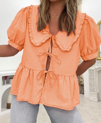 new slight stretch striped peter pan collars lace-up bow knot short-sleeved top