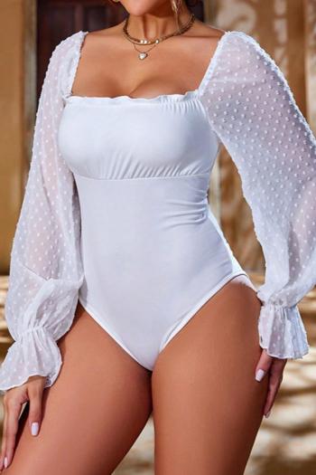 new sexy slight stretch patchwork mesh square neck lace-up long sleeve bodysuit