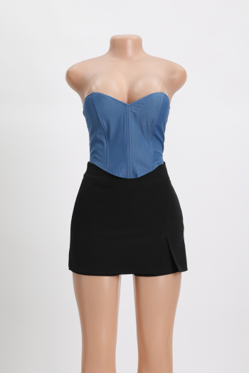 sexy non-stretch solid color strapless tight crop denim vest