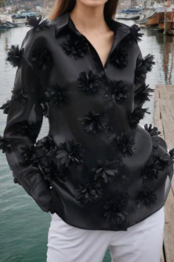 new casual non-stretch patchwork applique black lapel long sleeve blouses