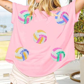 casual slight stretch 4 colors sequin decor crew neck t-shirts