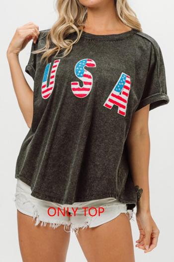 casual slight stretch sequin letter decor crew neck t-shirts