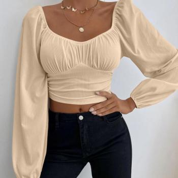 new sexy slight stretch 7-color square neck balloon sleeves top