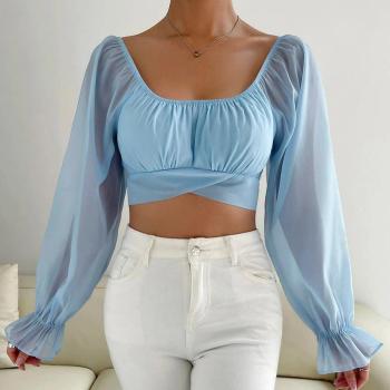 new sexy non-stretch square neck lace-up bow see-through chiffon blouses