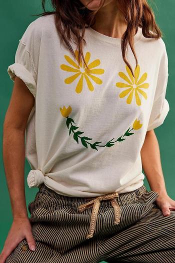 new casual non-stretch patchwork flower fixed printing round neck loose t-shirt