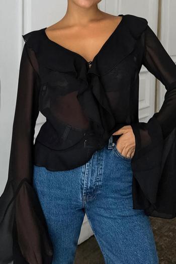 exquisite non-stretch see through chiffon v-neck ruffle blouse(no underwear)