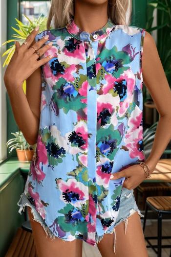 casual non-stretch flower batch printing crew neck sleeveless blouses