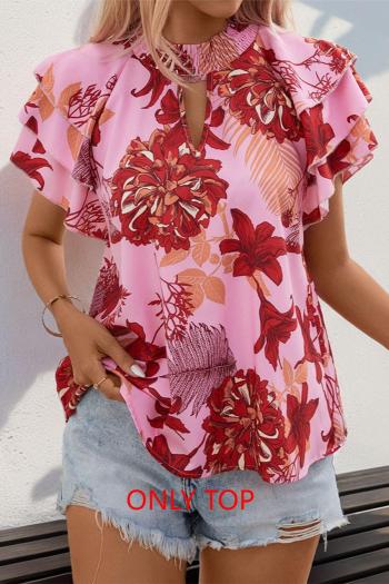 casual non-stretch flower batch printing hollow crew neck blouses