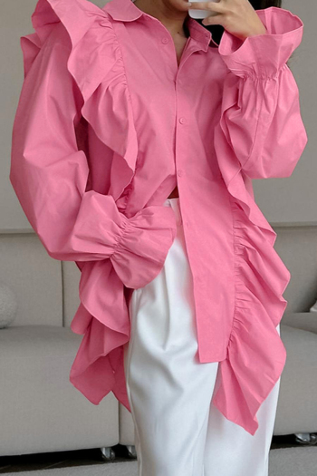 stylish non-stretch solid color ruffle design loose shirt
