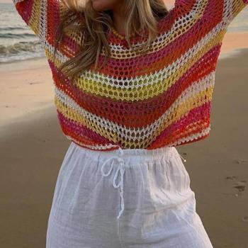 sexy slight stretch knitted striped hollow loose top