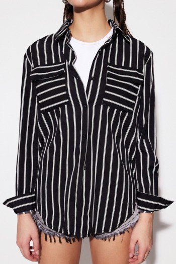 new casual non-stretch patchwork stripes batch printing slim long sleeves blouse