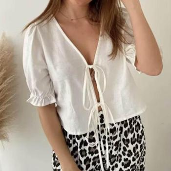 sexy non-stretch solid color lace-up loose v-neck puff sleeve top