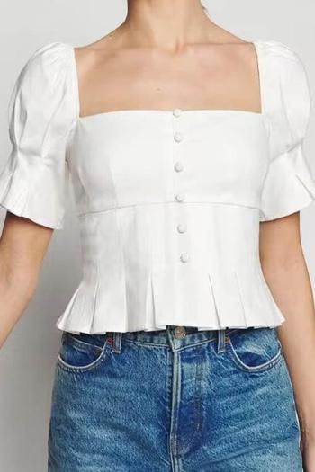 casual non-stretch solid color slim pleated button decor square collar shirt
